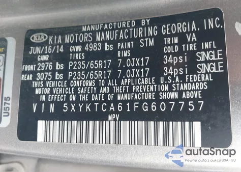 2015 Kia Sorento Lx z USA, uszkodzony, nr VIN 5XYKTCA61FG607757